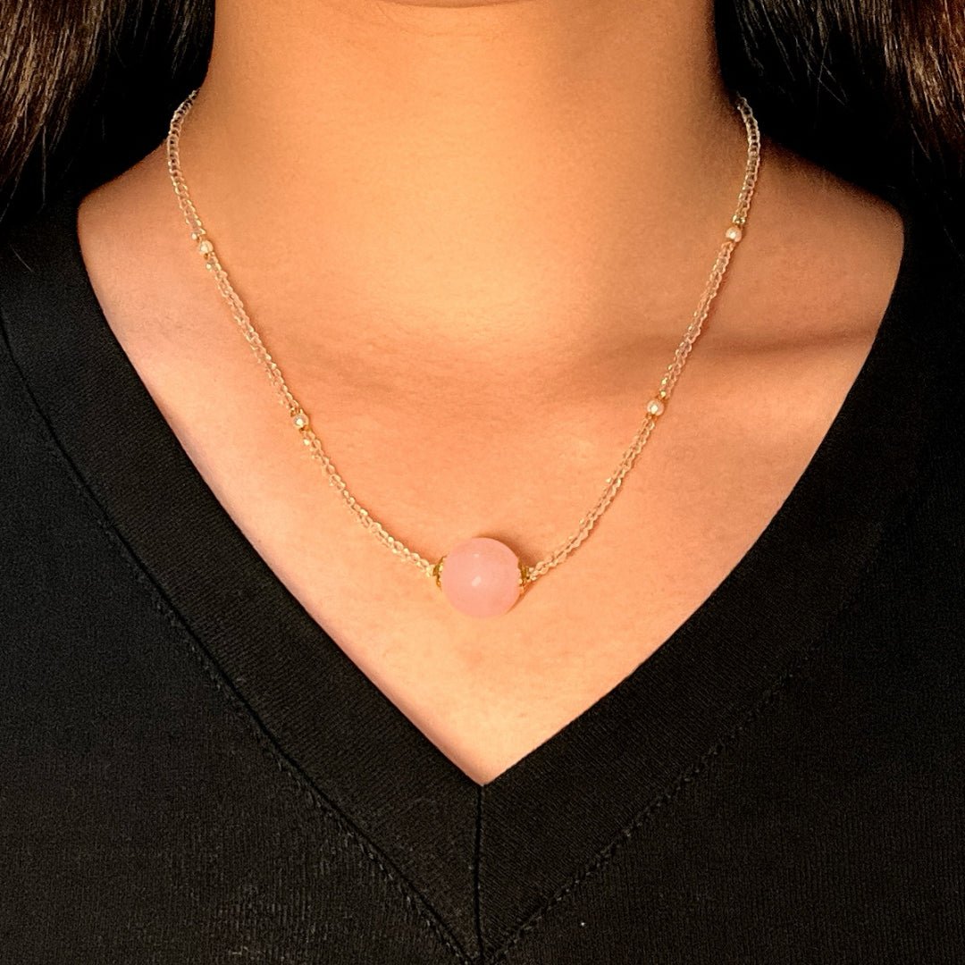 Collier Quartz Rose et Cristal de Roche Sphère Intuitive en Fil Doré - Biloria