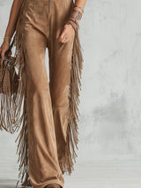 Retro Western-style Light Brown Faux Suede Fringes Jumpsuit
