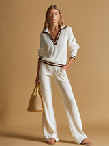 Elegant And Stylish Color-blocked Trim Polo Neck Knitted Top And Trousers Set.