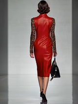 Red Pu Stitching Leopard Print Zipper Midi Dress