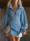 Casual Retro Lapel Light Blue Denim Wide-sleeved Mini Dress