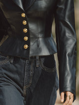 Stylish And Casual Gold Buttons Black PU Jacket
