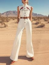 【24-hour shipping out】Retro Western Style Embroidered Stand Collar Sleeveless Wide Leg Jumpsuit