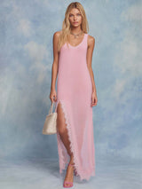 Elegant Comfortable Vintage Sleeveless Slits Lace Trim Light Pink Lightweight Knitted Maxi Dress