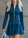 Stylish Blue DenimWith Zipper And Stitching Details Mini Dress