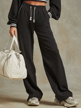 Sporty Retro Striped Black Cotton Long-Sleeve Sweatshirt And Wide-Leg Pants Set