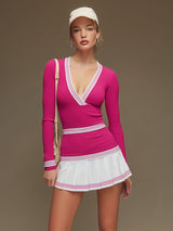 Sporty Retro Long-sleeved Striped Fuchsia Knit Pleated V-neck Mini Dress