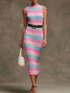 Elegant Retro Blue And Pink Knitted Sleeveless Midi Dress