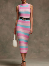 Elegant Retro Blue And Pink Knitted Sleeveless Midi Dress