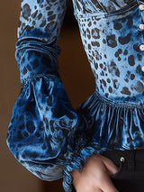 Elegant Retro Black Lace Blue Leopard Print Velvet Shirt
