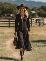 Western-style Black Linen Midi Dress With Lace Patchwork