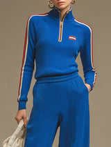 Casual Sporty Striped Royal Blue Knit Ribbed Half-zip Top And Wide-leg Pants Set
