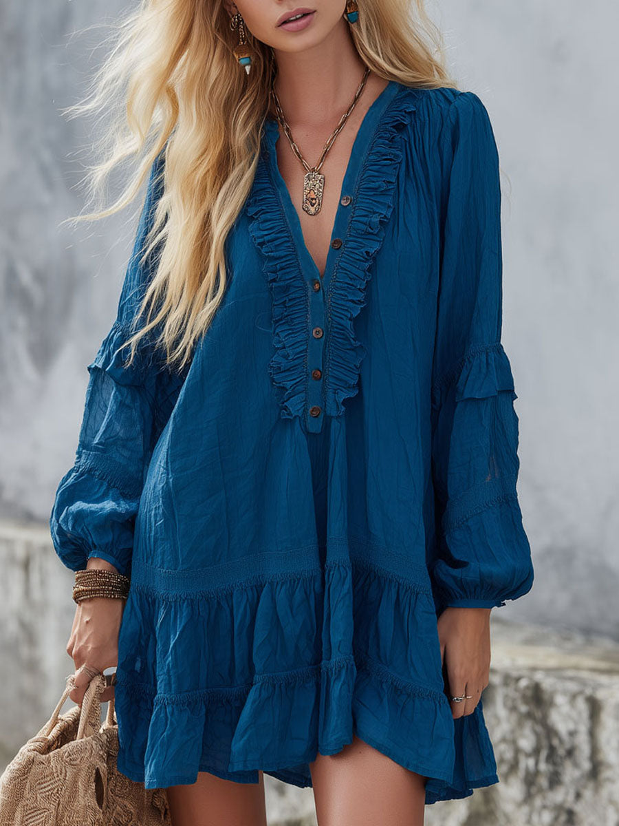 V-neck Button-down Ruffled Cotton Long-sleeved Mini Dress