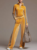 Casual Sporty Retro Leopard Print Trim Yellow Velvet Sweatshirt Wide-Leg Pants Set