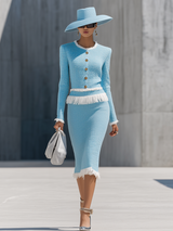 Elegant Vintage Gold Button Tassel Tweed Top And Skirt Set