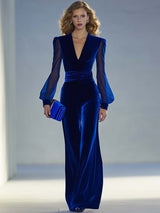 Vintage Elegant And Exquisite V-neck Mesh Long-sleeved Royal Blue Velvet Jumpsuit