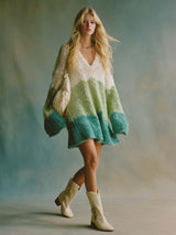 Elegant Comfortable Lazy V-neck Green And White Striped Color-block Knitted Mini Dress