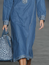 Stylish Blue Denim Patchwork Leopard Print Half-zip Hooded Midi Dress