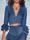 Stylish Retro Ruffle Trim V-neck Denim Shirt