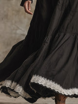 Western-style Black Linen With Button Closure And Lace Detailing Maxi Dress
