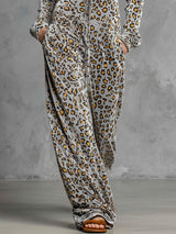 Casual Retro Gray Velvet Leopard Print Hooded Sweatshirt Wide-Leg Jumpsuit