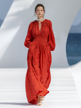 Loose-fitting Bohemian V-neck Elasticated Tulip-shaped Hem Red Cotton Linen Maxi Dress