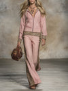 Western-style Pink Linen Zip-up Jacket And Wide-leg PantsWith Leopard Print Details Set