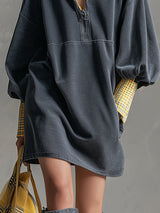 Casual Sporty Plaid Trim Gray Washed Cotton Sweatshirt Mini Dress
