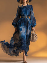 Retro Style Blue Printed Chiffon Midi Dress