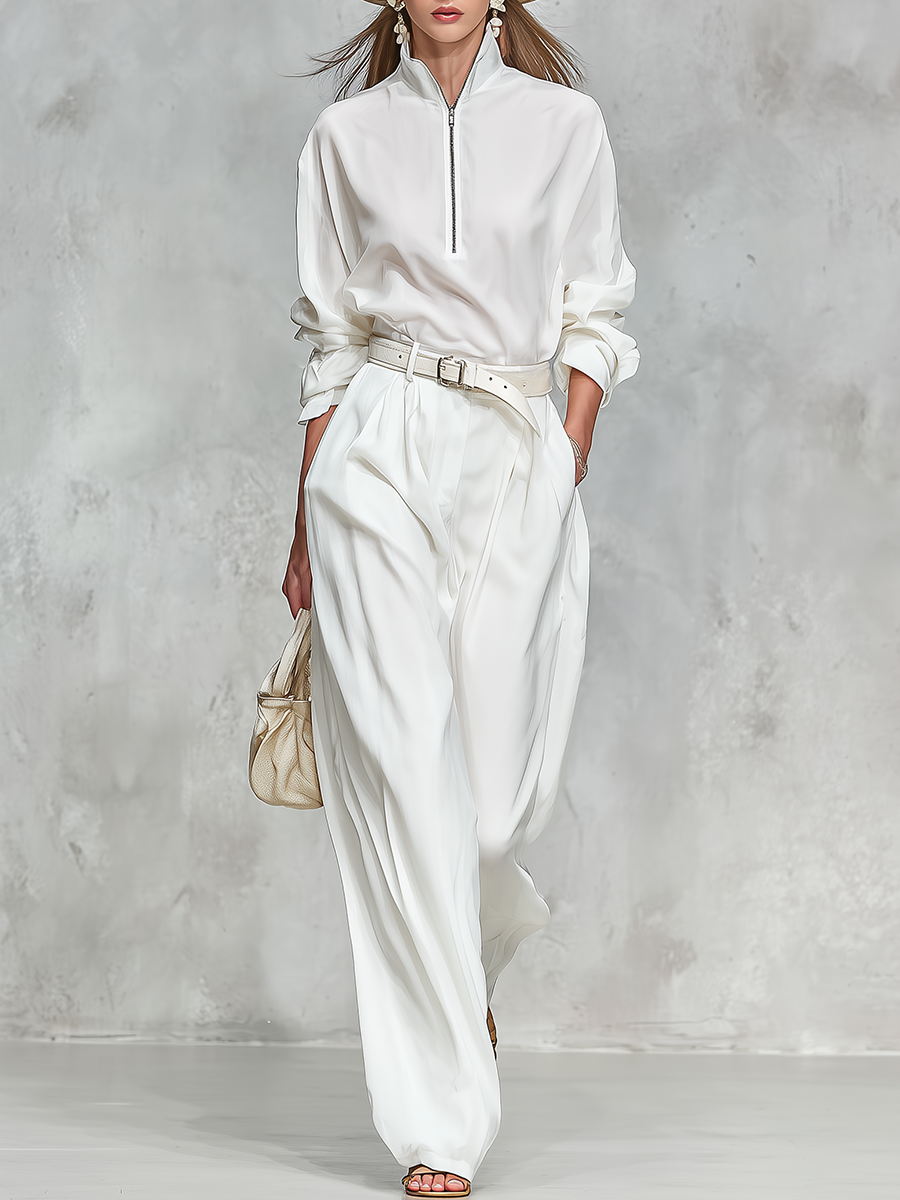 Elegant High-quality Zip-up Collar Long-sleeved Shirt And Wide-leg Pants Set
