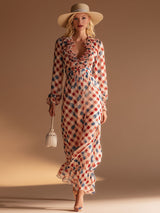 Fashionable Retro Plaid Print Ruffled Chiffon Maxi Dress