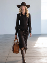 Elegant Black LinenWith Button Closure Midi Dress