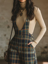 Classic Retro Blue Plaid Side-button Wide-leg Overalls