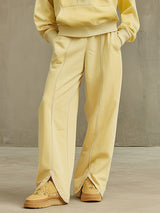 Casual Retro Pale Yellow Cotton Half-zip Sweatshirt And Split Wide-leg Pants Set