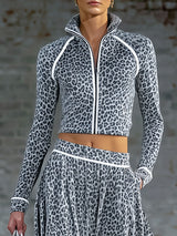 Leopard Print Stand-collar Zip-up Top And Long Skirt Velvet Set