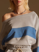 Sporty Retro-style One-shoulder Gray And Blue Color-blocked Striped Skirt Set
