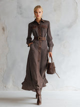 Vintage-style Collared Brown Striped Maxi Dress