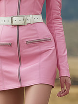 Retro Western Style Lapel Collar Pink Long-sleeved Faux Leather Mini Dress