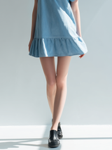 Retro-style Fashion Puff Sleeves Stand-up Collar Frog Buttons Ruffled Hem Denim Blue Mini Dress