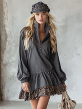 Retro Leopard Print Trim Gray Denim Half-zip Mini Dress