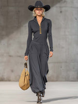 Casual Retro Sports Dark Gray Half-high Collar Front Zipper Long-sleeved Top And Wide Pants Set