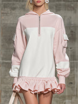 Stylish Pink And White Color-block With A Half-zip And Ruffled Hem Mini Dress