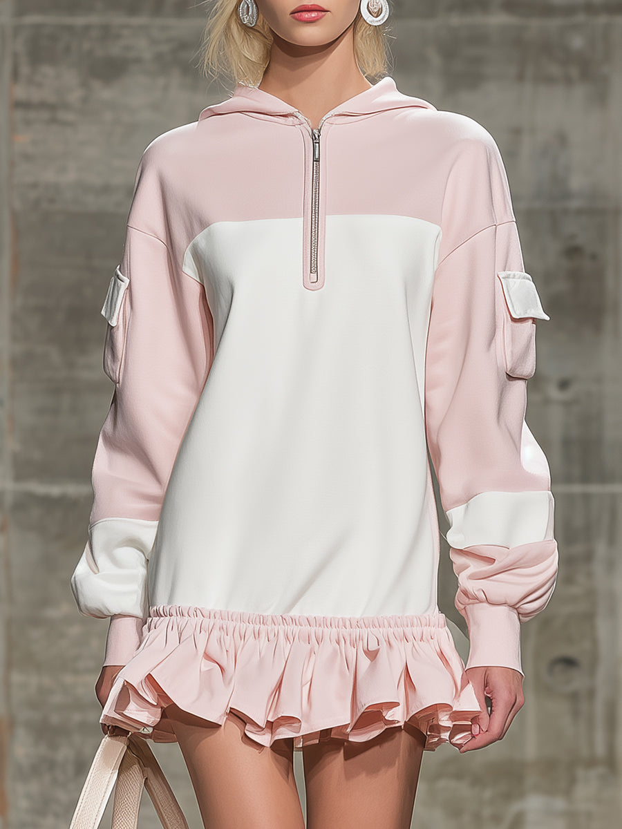 Stylish Pink And White Color-block With A Half-zip And Ruffled Hem Mini Dress