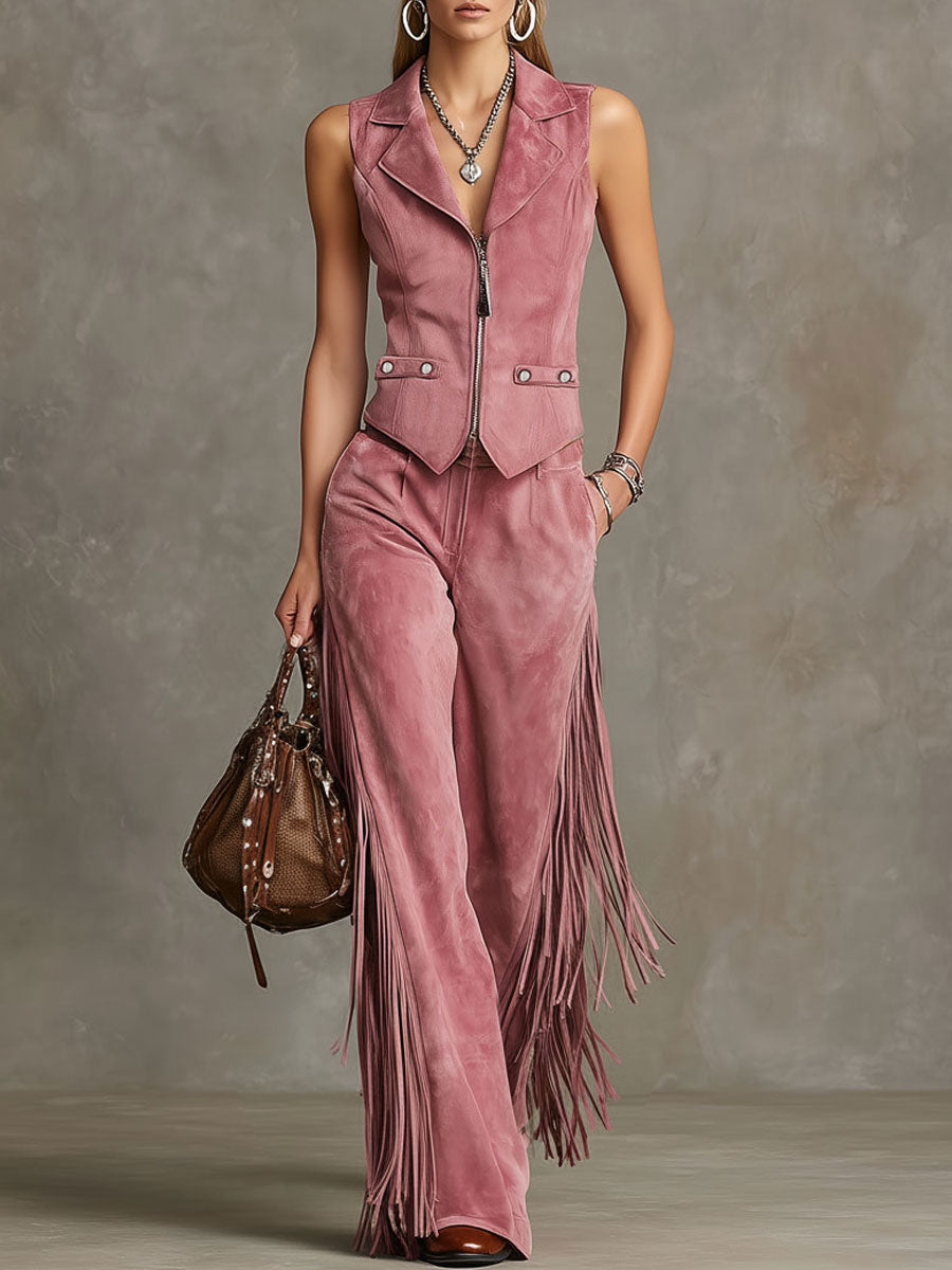 Western Retro Pink Faux Suede Vest And Tassel Pants Set