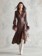 Elegant And Sophisticated Chocolate Brown Collared PU Feather-trimmed Midi Dress