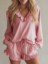 V-neck Ruffled Long-sleeved Top And Shorts Athletic Set