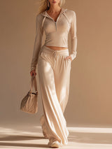 Casual And Comfortable Beige Hooded Top And Pants Set