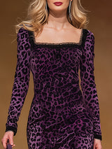 Stylish And Elegant Lace Purple Leopard Print Square-neck Midi Dress