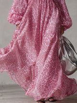 Loose-fitting Leopard Print High-neck Long-sleeved Maxi Dress