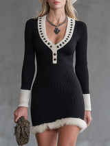 Black Knitted Mini Dress With White U-neck Studded Fur Trim